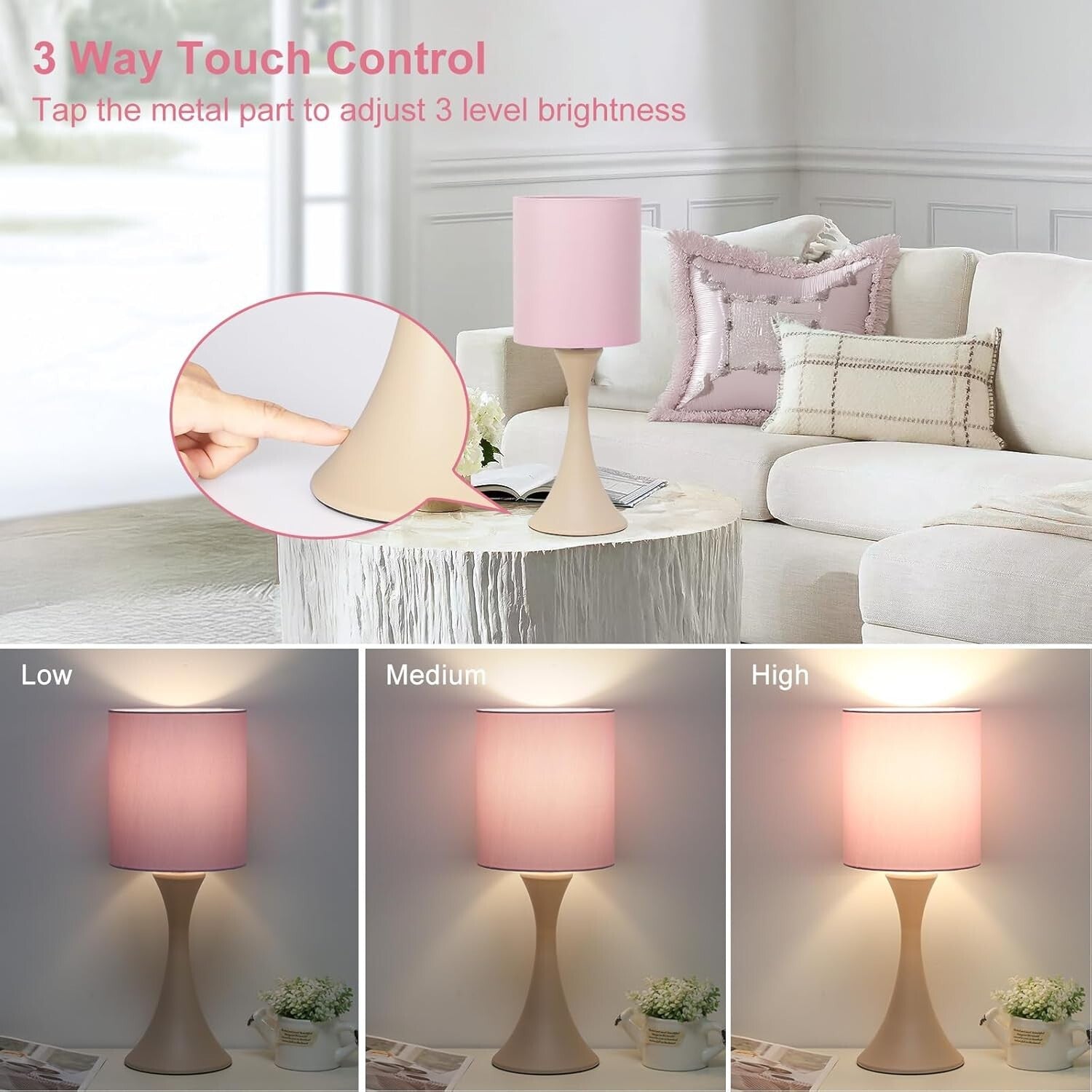 Elegant Pink Touch Lamp with 3-Way Dimmable Control – Perfect Nightstand Decor