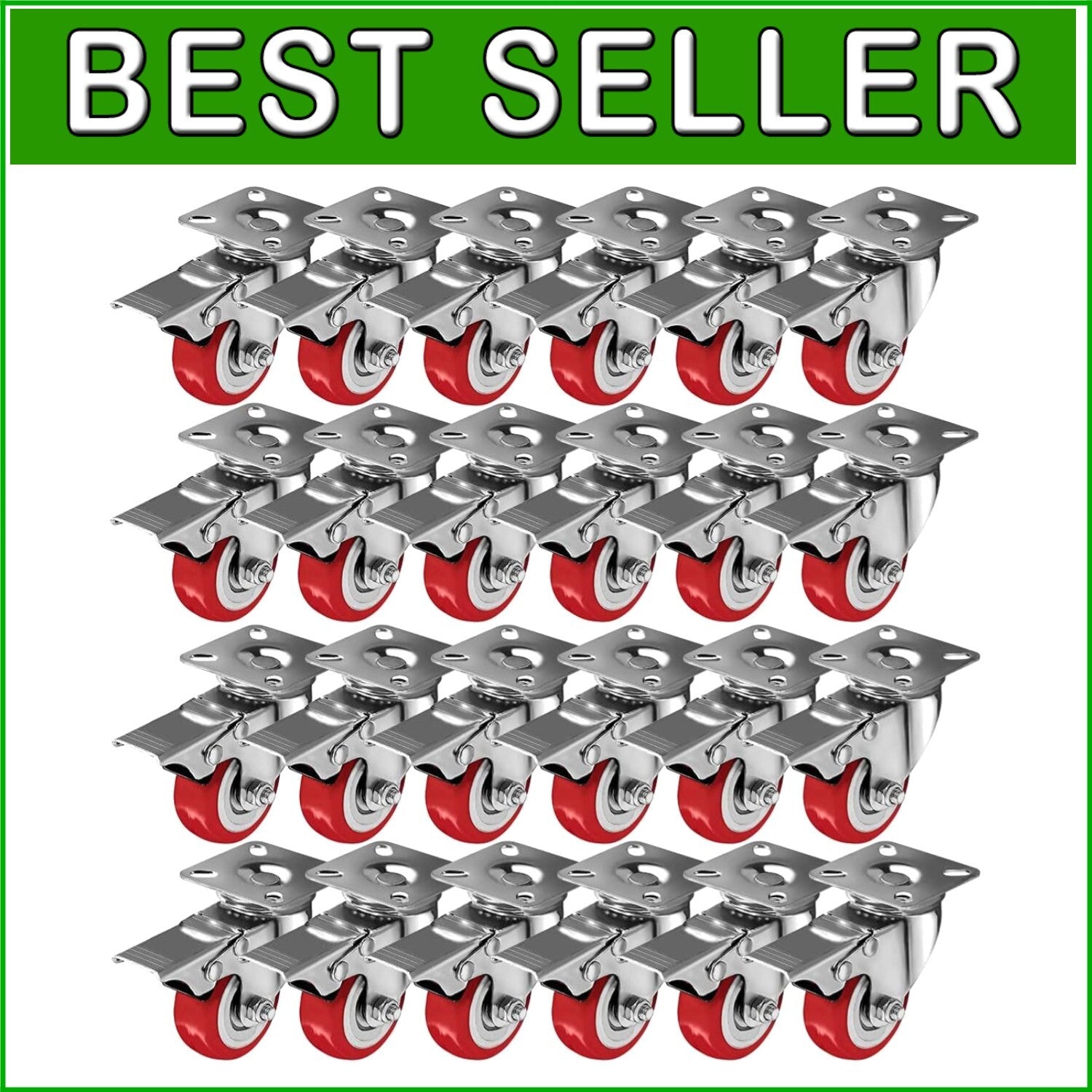 Durable 2" Red Polyurethane Caster Wheels - 360-Degree Maneuverability Set of 24