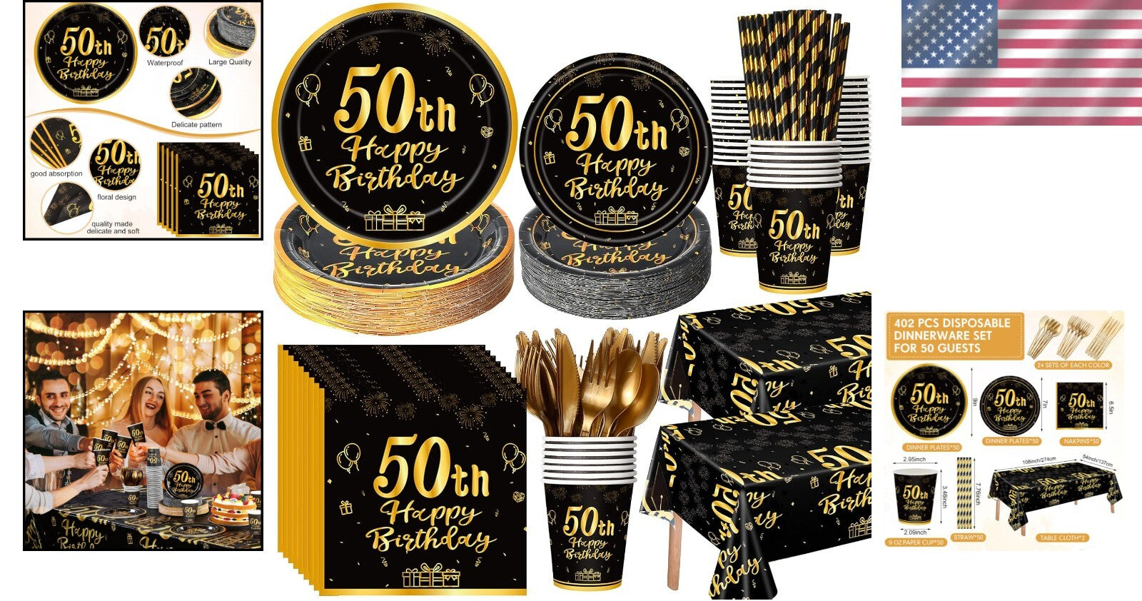 All-in-One 50th Birthday Party Set - 452 Durable Pieces: Plates, Cups & Cutlery