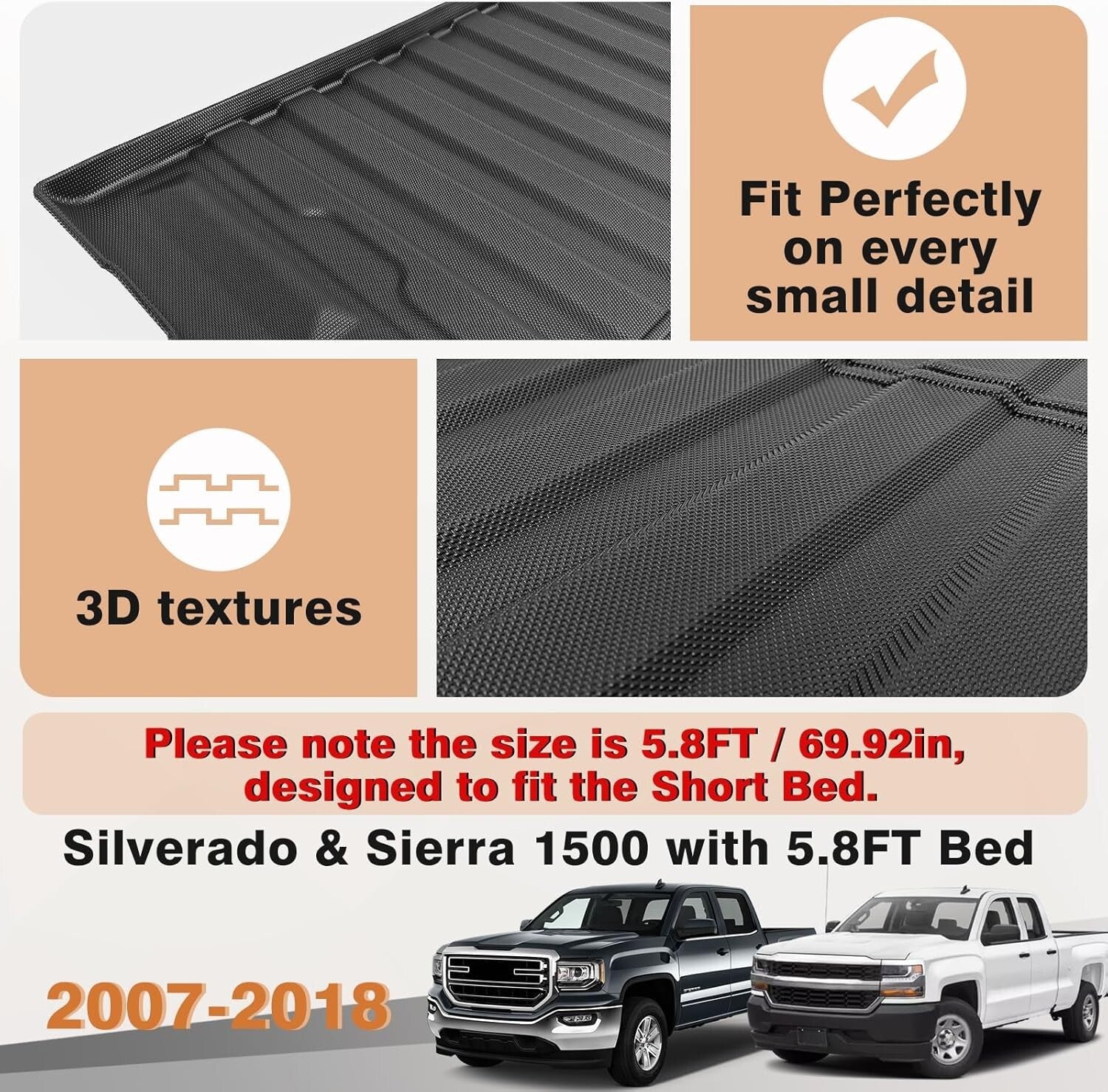 All-Weather 5.8FT Bed Cargo Mat for Silverado/Sierra 1500 with Anti-Slip Design
