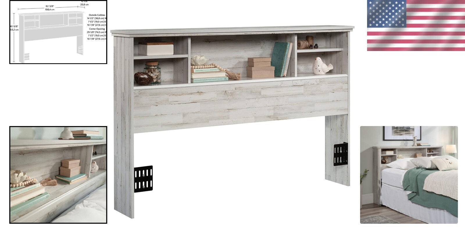 Farmhouse Chic Queen and Full Headboard with Adjustable Shelves - White Plank