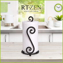 Load image into Gallery viewer, Decorative Black Wrought Iron Paper Towel Stand - Space-Saving Kitchen Accessory