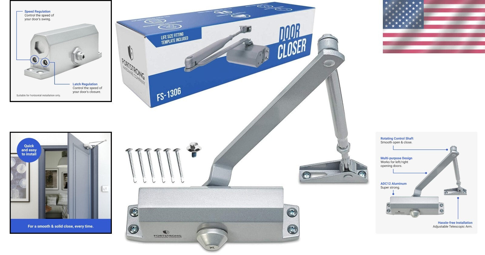 Adjustable Silver Hydraulic Door Closer - UL Certified for Home or Business