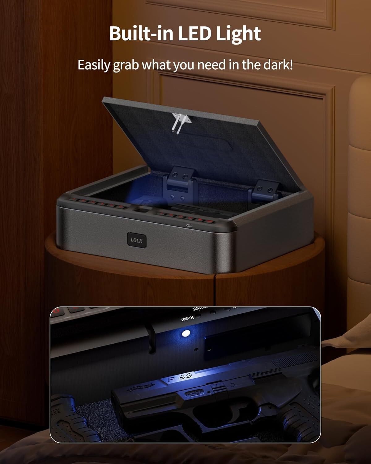Durable Carbon Steel Gun Safe - Biometric, USB Charge, LED - 10.82"x8.66"x2.75"