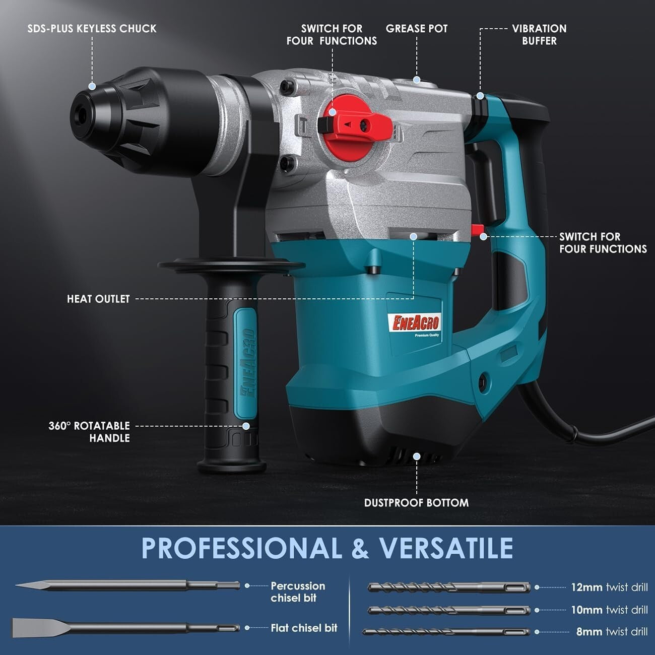 Powerful Corded Electric Rotary Hammer Drill: 4 Functions & Adjustable Handle