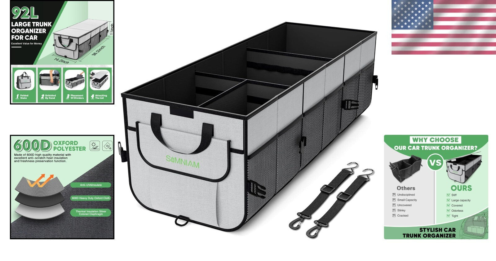 Heavy-Duty Collapsible Car Trunk Organizer with 4 Compartments & Insulated Bag