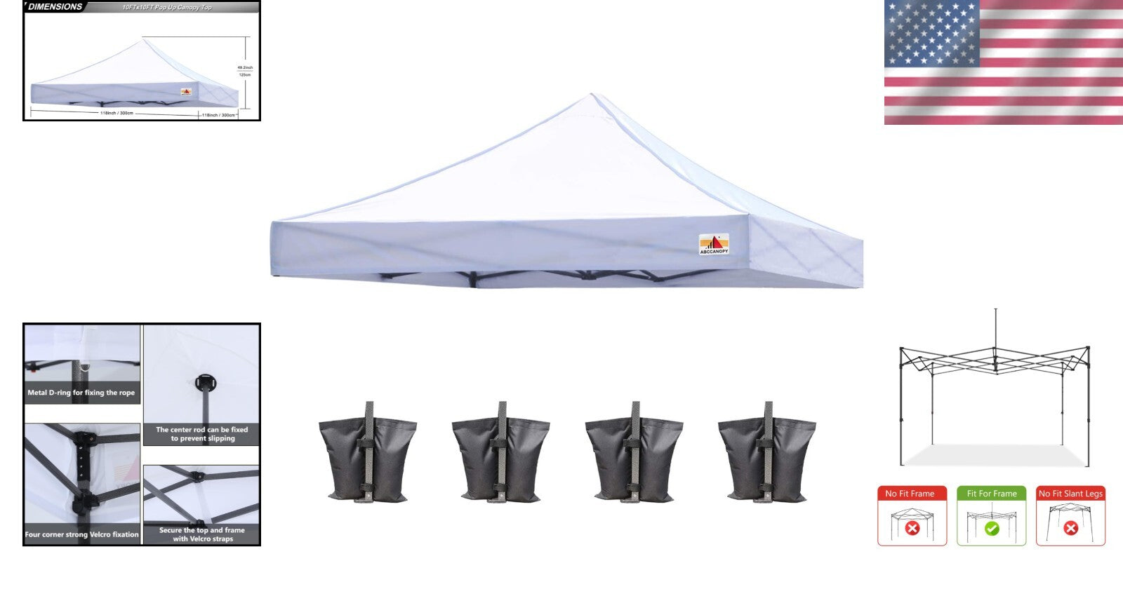 Durable 10x10 White Canopy Cover - 500D UV Resistant Material with Weight Bags