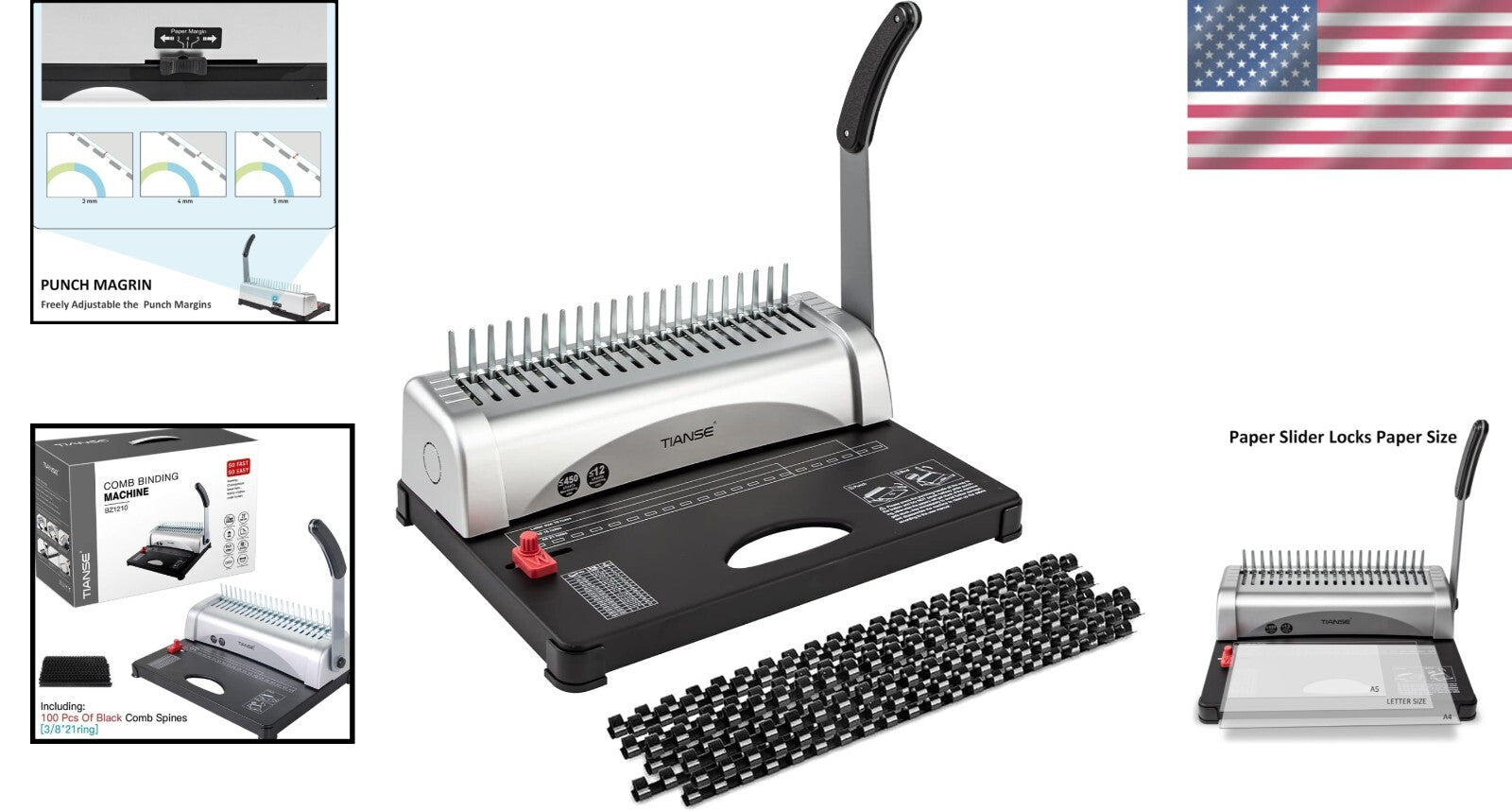 21-Hole Binding Machine with 100 PCS 3/8'' Comb Spines - 450 Sheet Capacity