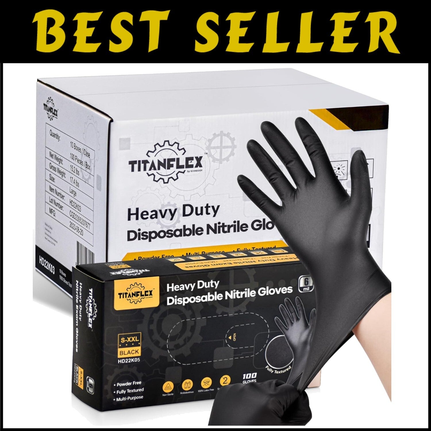 Heavy-Duty Black Disposable Nitrile Gloves, Box of 100, 6-mil for Professionals