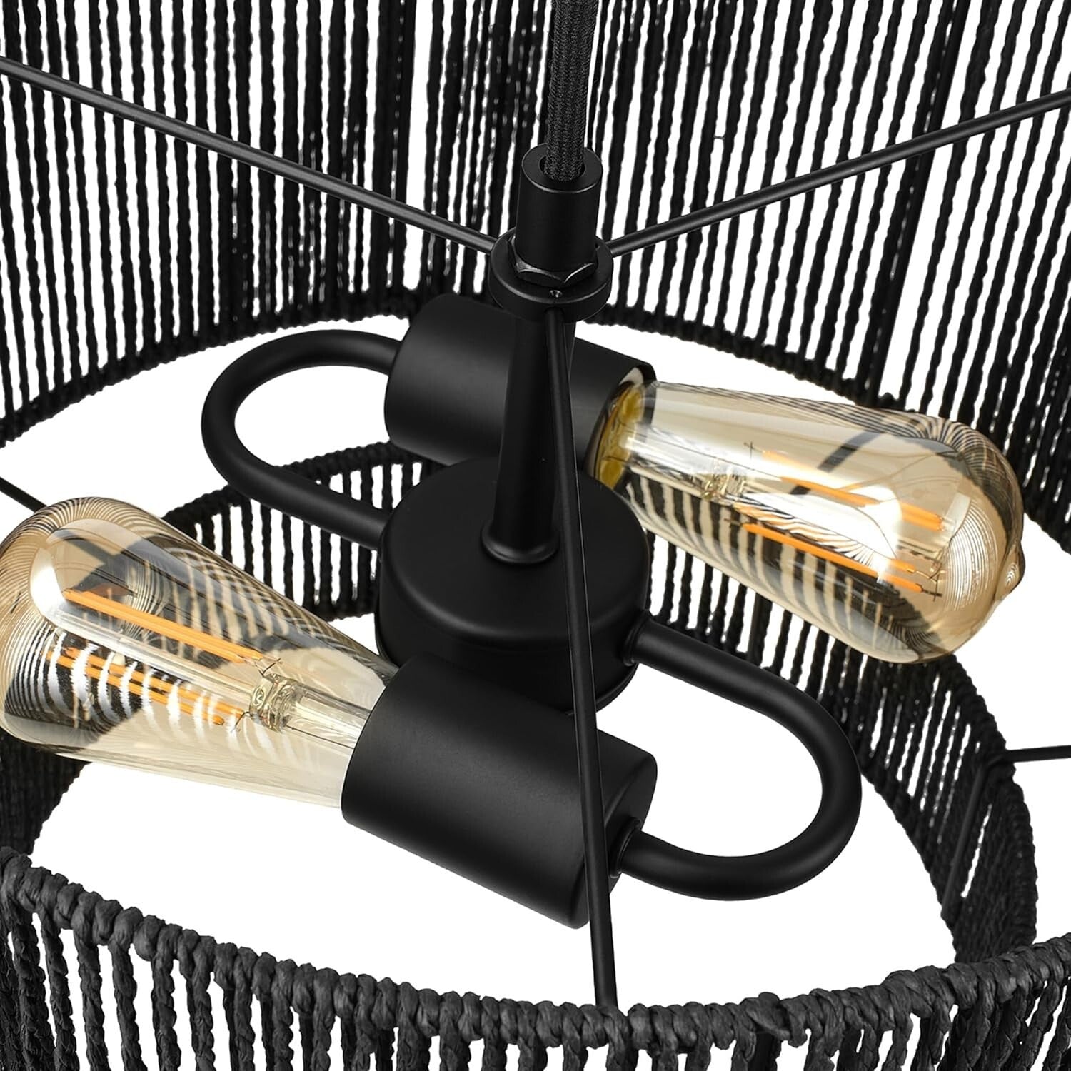 Dimmable 2-Light Pendant Light in Matte Black with Elegant Paper Twine Shade