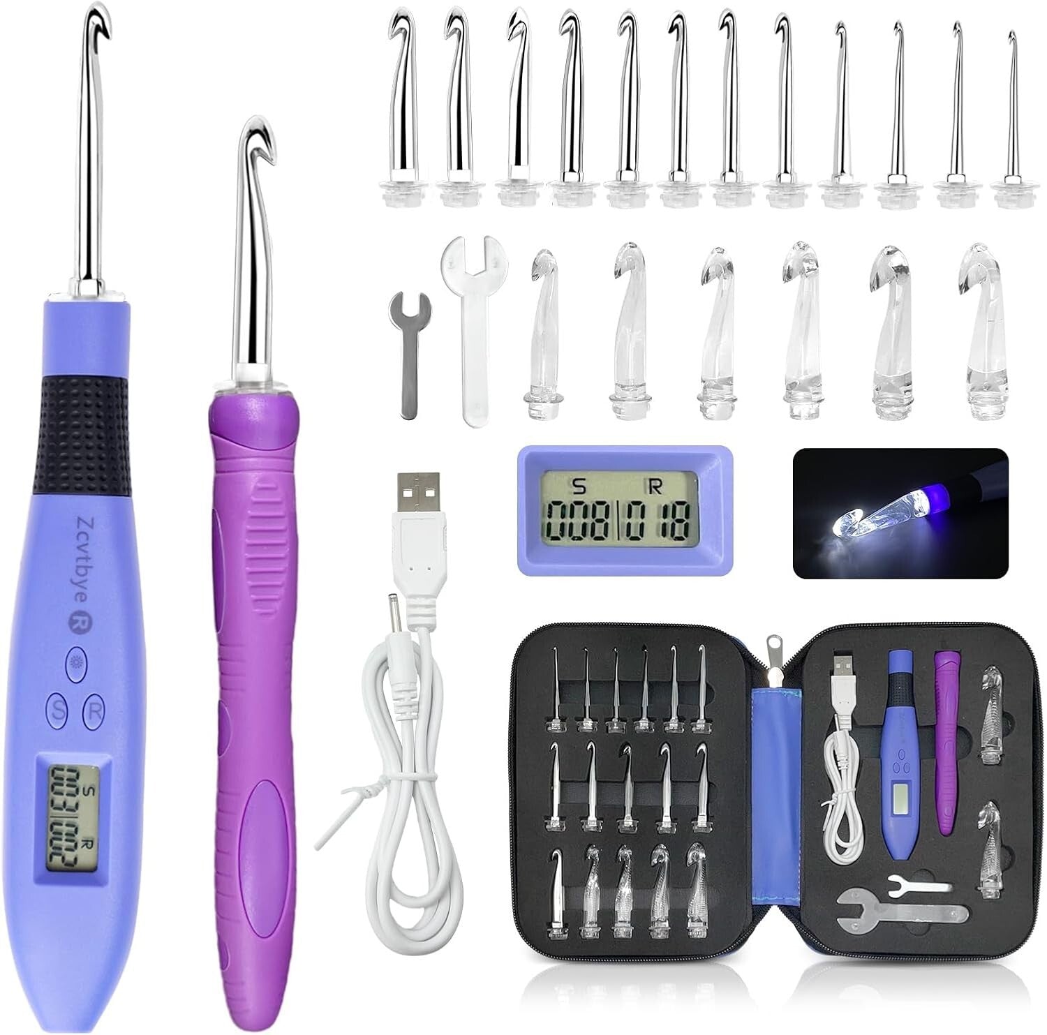 Light-Up Ergonomic Crochet Hook Set with 18 Interchangeable Sizes & Counter