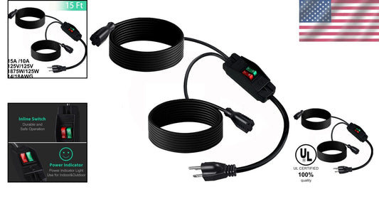 2-Way Outdoor Power Splitter Extension Cord with On/Off Switch - 15 Feet Long