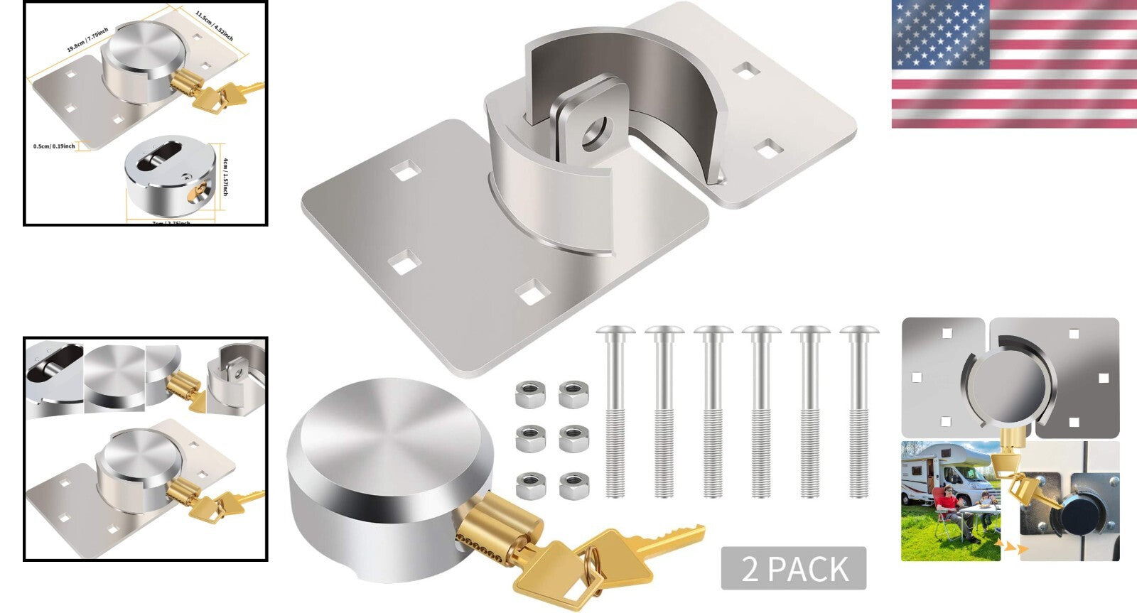 Hidden Shackle Heavy Duty Padlock Set - Keyed Alike with Hasp & Installation Kit