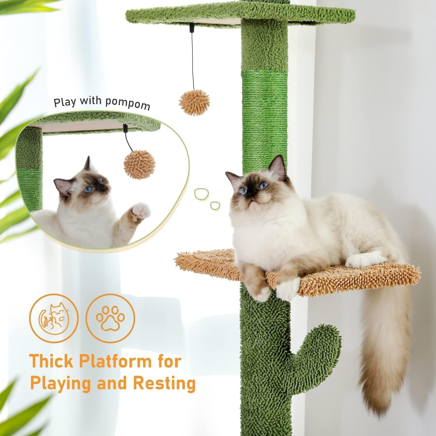 Floor to Ceiling Cat Tree - Cactus Design with Hammock & Scratching Posts