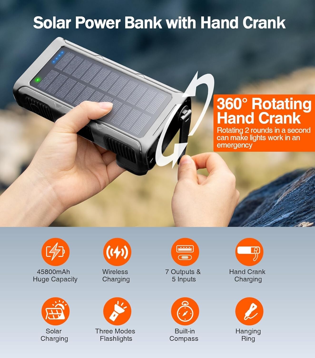 45800mAh Solar Power Bank with Built-In Cables & Flashlight - Fast Charging