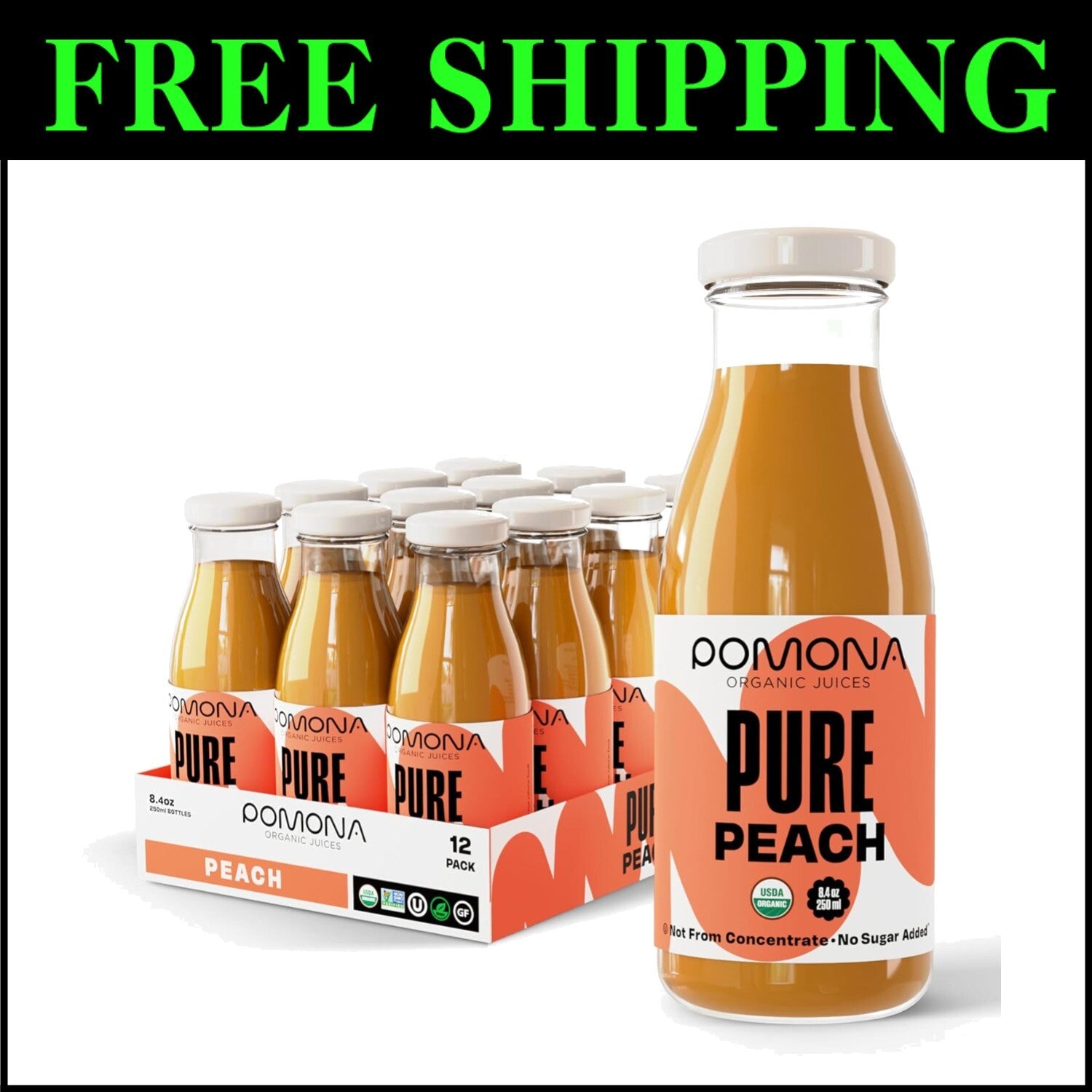 Pomona Cold Pressed Organic Peach Juice - Pack of 12 - 8.4 oz Glass Bottles