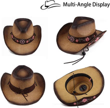 Load image into Gallery viewer, Handmade Brown Cowgirl Hat with Unique Peony Embroidery - Women’s Western Style