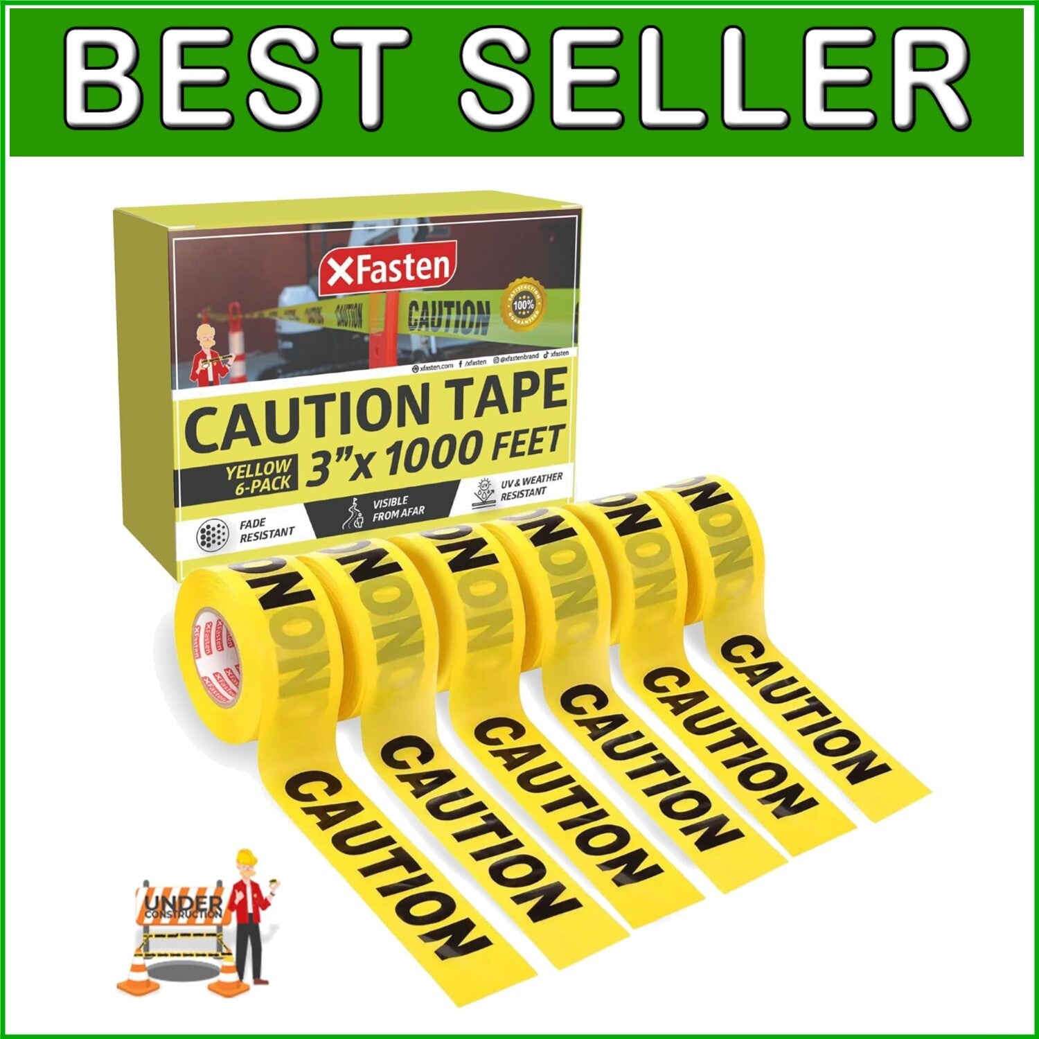 Weatherproof Yellow Caution Tape - 6-Pack, Ideal for Construction and Events