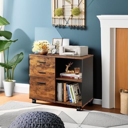 Rustic Brown 3 Drawer Mobile File Cabinet & Printer Stand with Open Shells