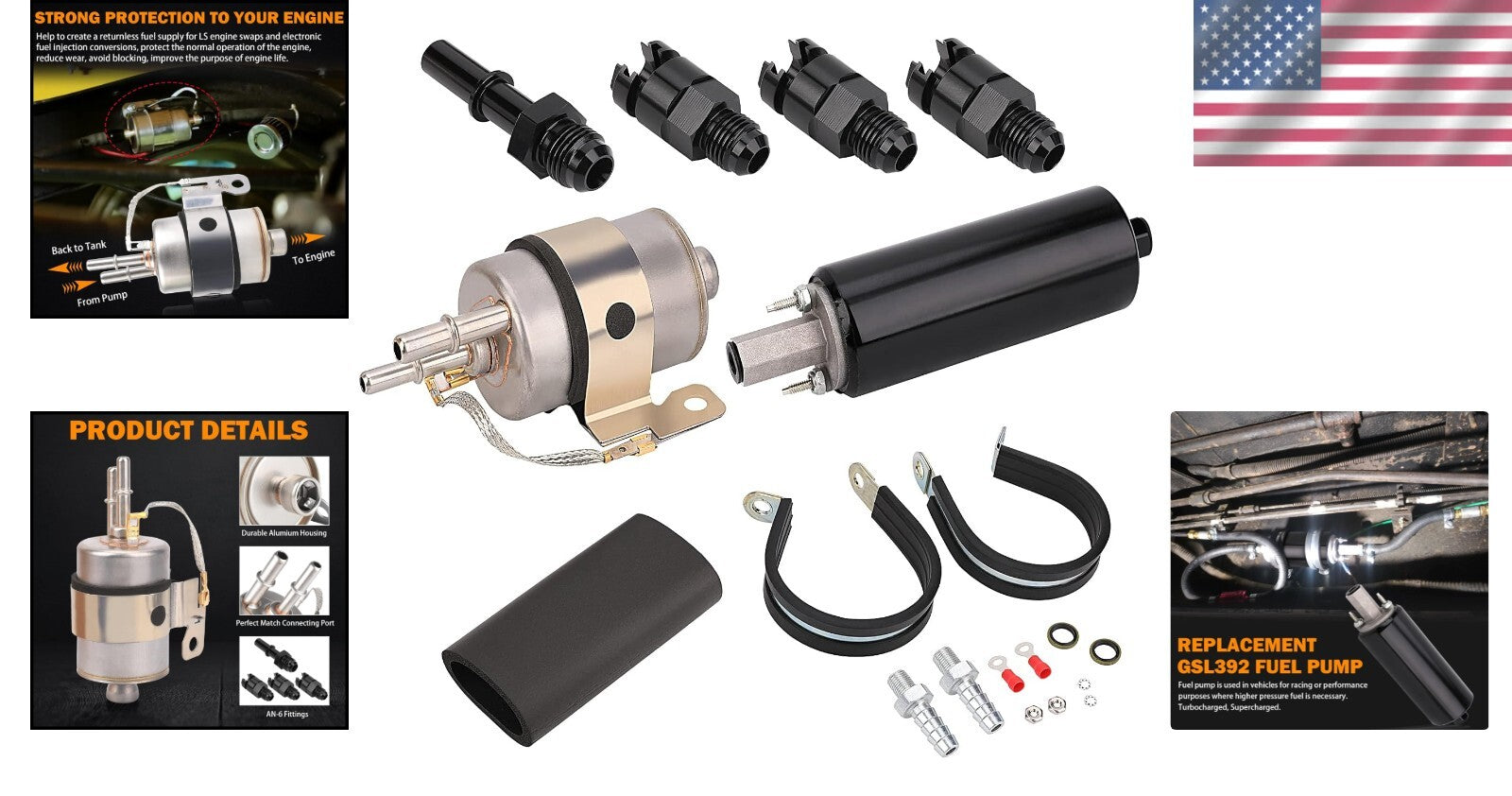 58 PSI EFI Fuel Pressure Regulator and 255LPH Inline Fuel Pump Kit with Fittings