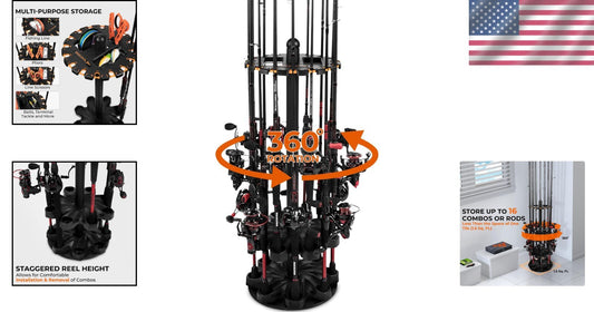 V16 Fishing Rod Rack with Rotating Base - Holds 16 Rods, Space-Saving Design