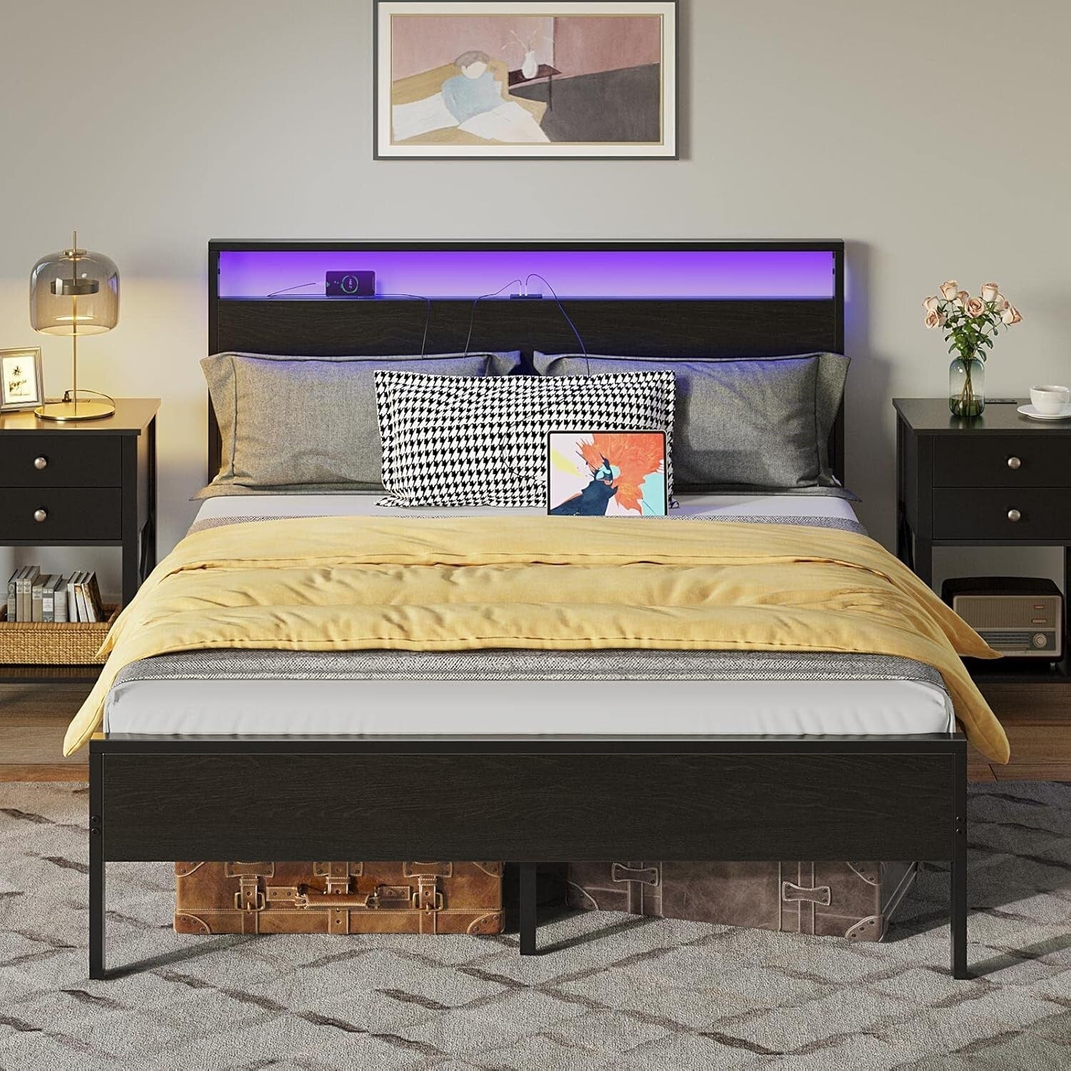 Full Size Bed Frame with Under-Bed Storage & LED Lighting for Modern Bedrooms
