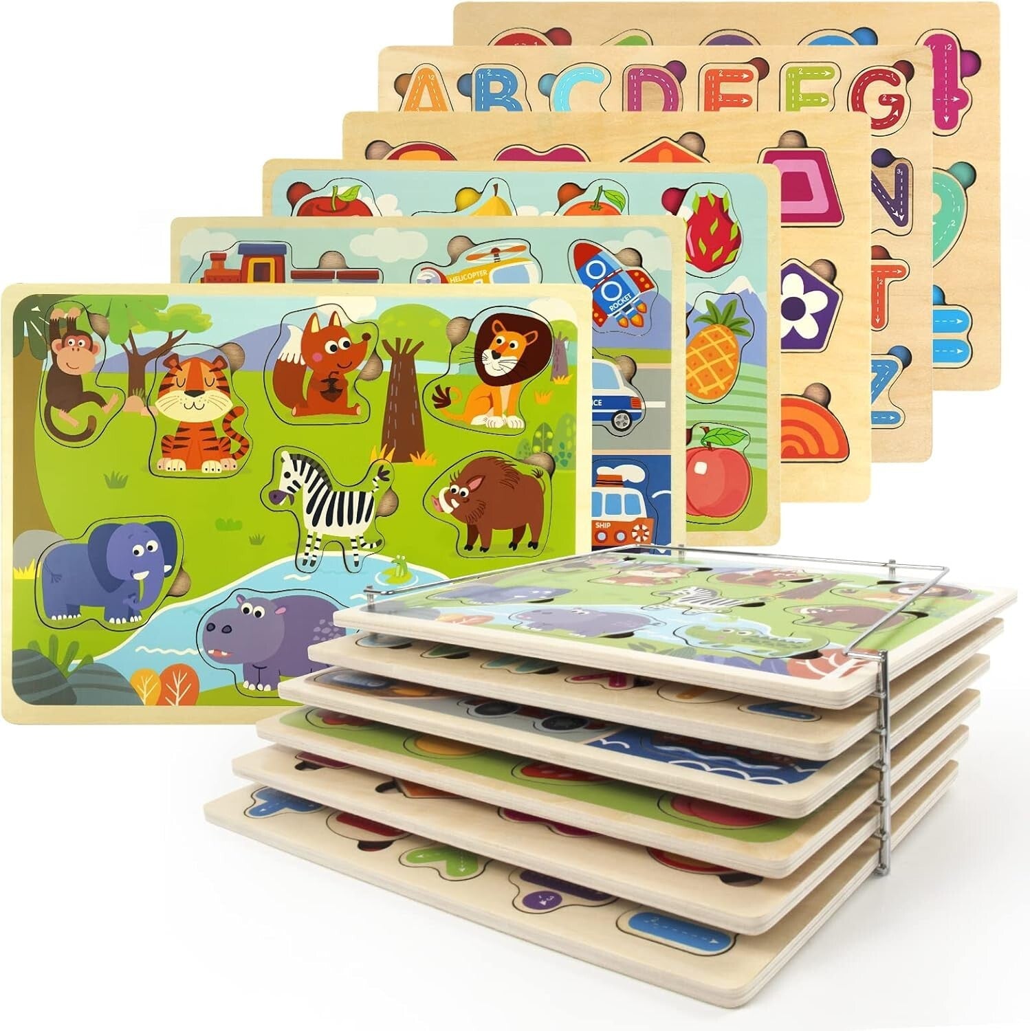Wooden Educational Puzzle Set for Toddlers with Storage Rack - 6 Engaging Themes