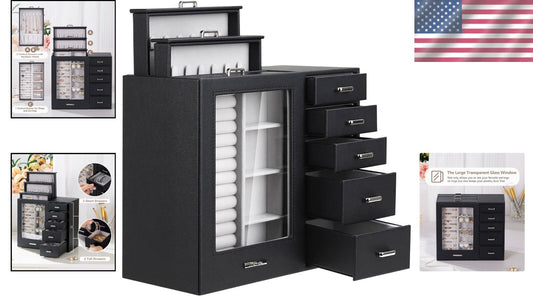 Elegant Large Jewelry Box Organizer with Glass Window & Velvet Lining - 5.4x10.8