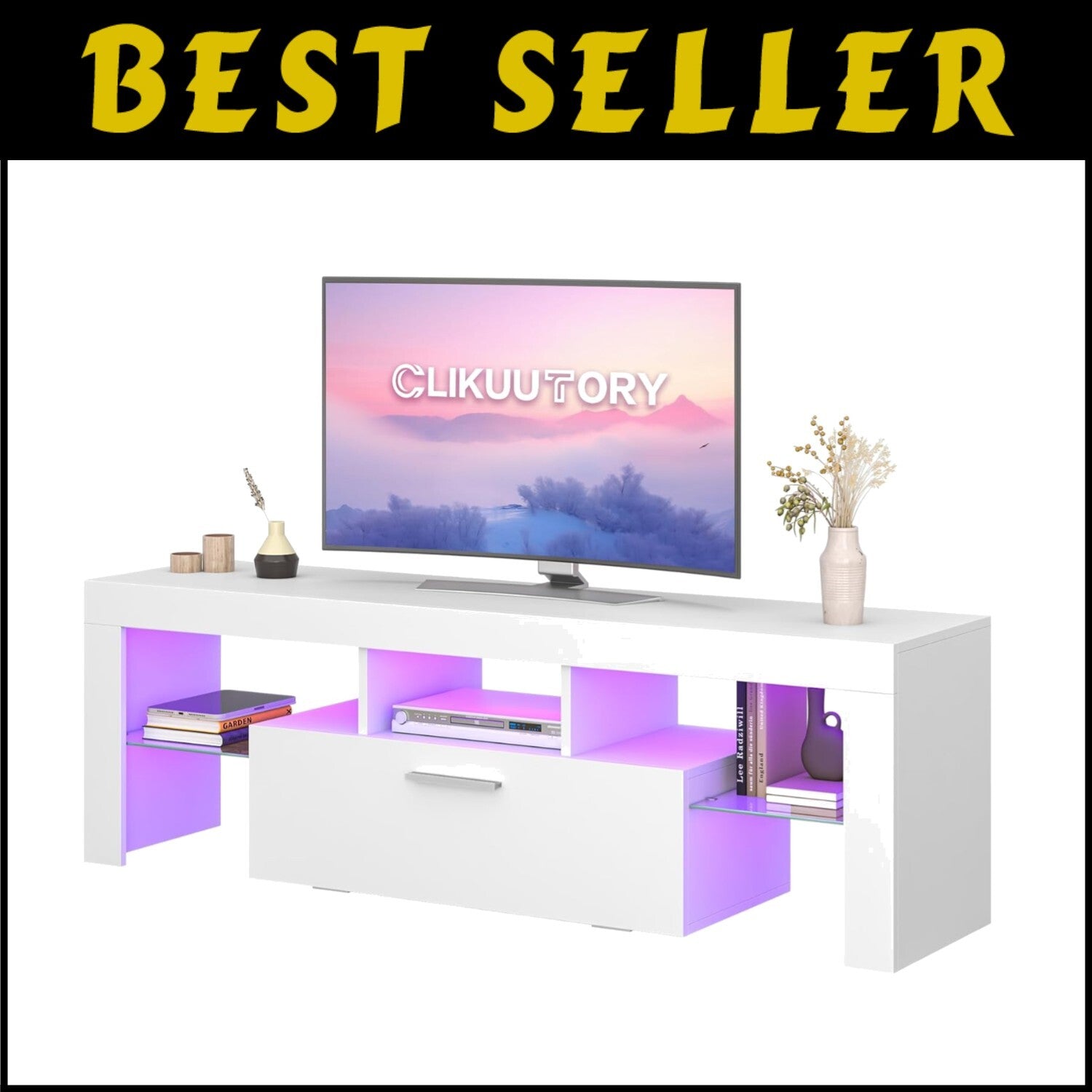 Modern White Entertainment Center with Large Drawer and 20-Color LED Lighting