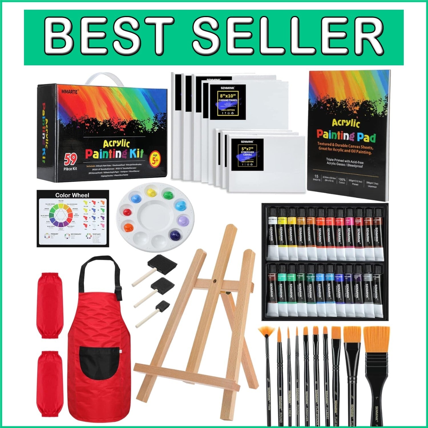 All-in-One 59-Piece Acrylic Paint Set with Easel, Brushes, and Canvas for Kids