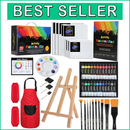 All-in-One 59-Piece Acrylic Paint Set with Easel, Brushes, and Canvas for Kids