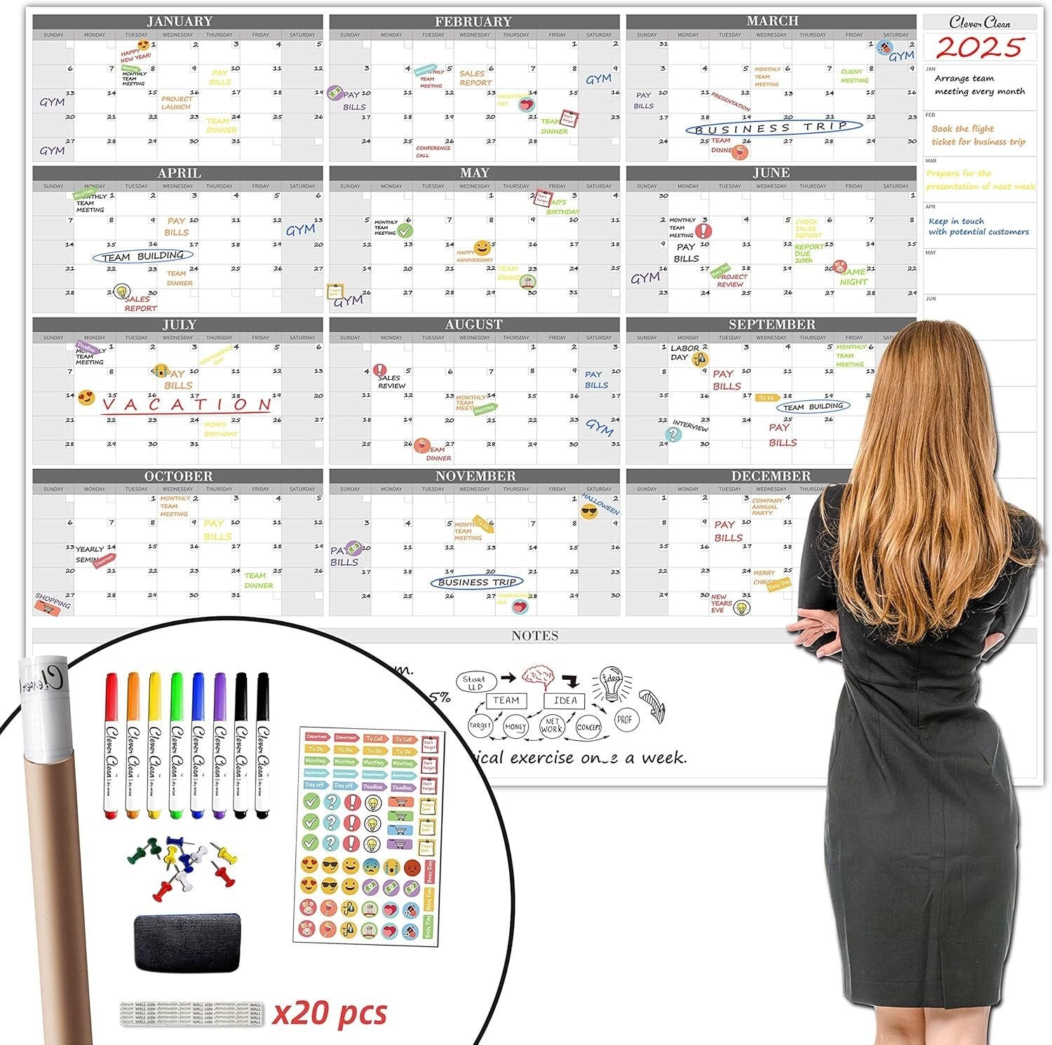 2025 Jumbo Dry Erase Wall Calendar - 48"x58" with Notes Section & Accessories