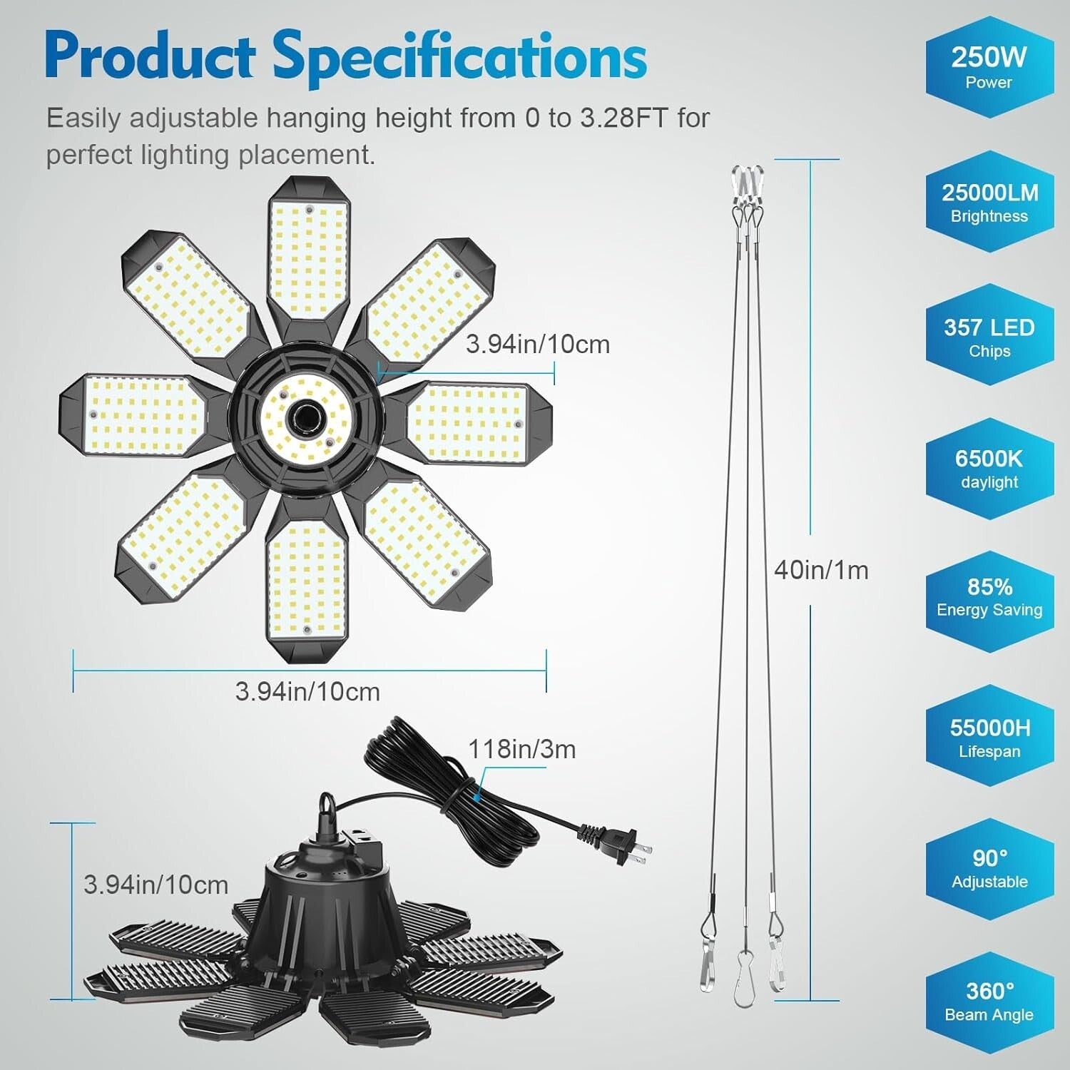 2024 Upgraded 250W LED Garage Lights + 8+1 Panels for Total Lighting Flexibility