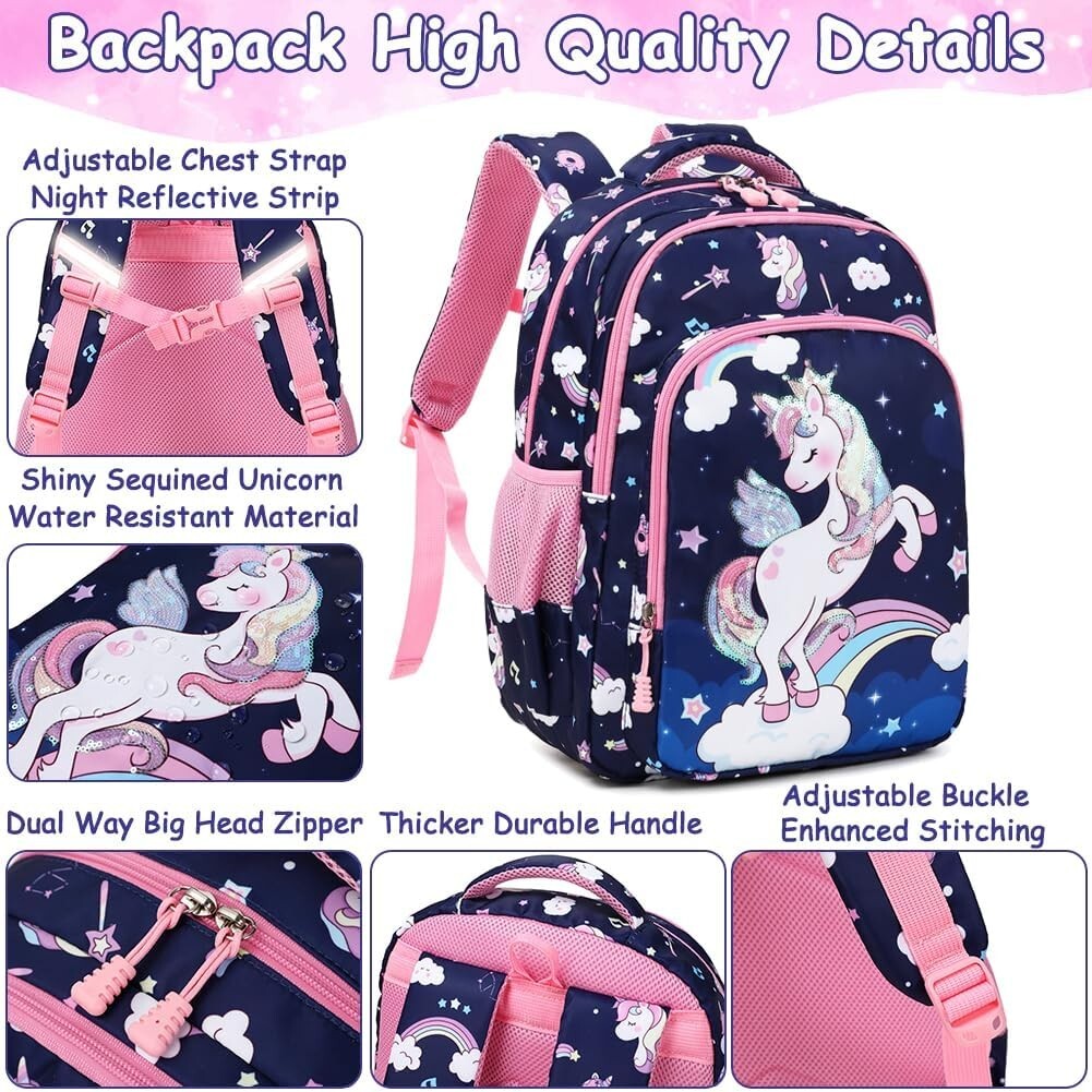 Adjustable Unicorn Backpack for Girls - 3pcs School Set with Insulated Lunch Bag