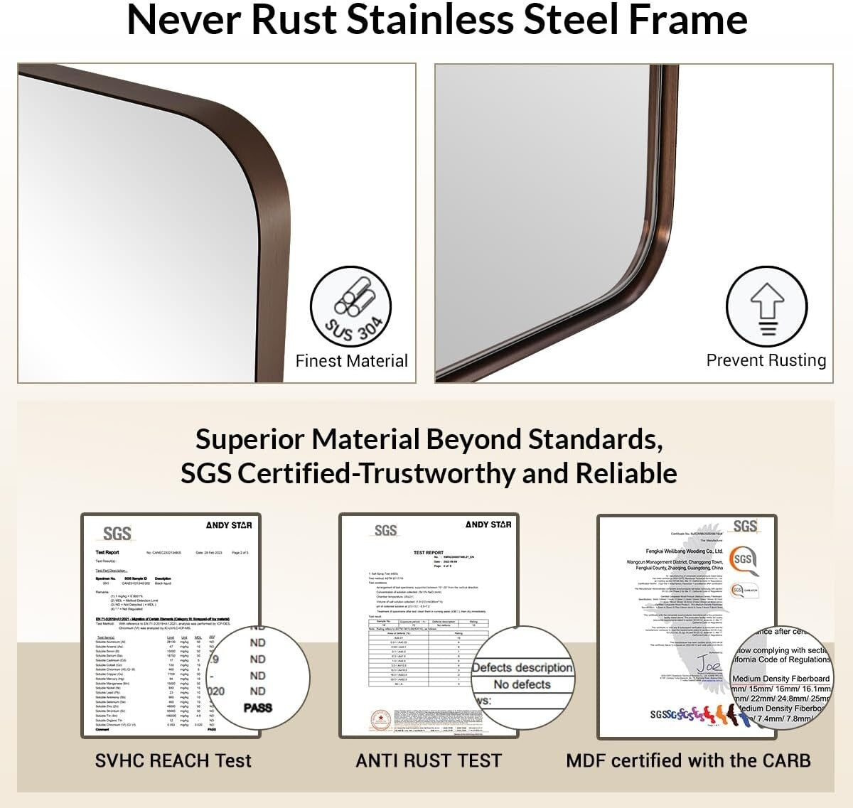 Brushed Bronze Bathroom Mirror, 24"x36" Rounded Rectangle, Stainless Steel Frame