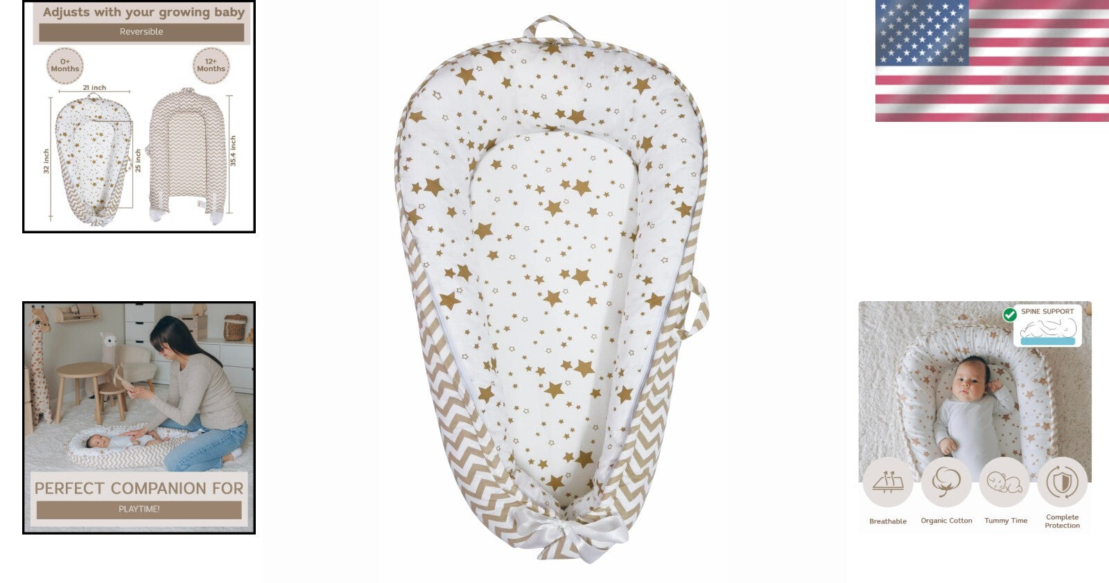 Organic Cotton Portable Baby Lounger with Reversible Design - Star Collection