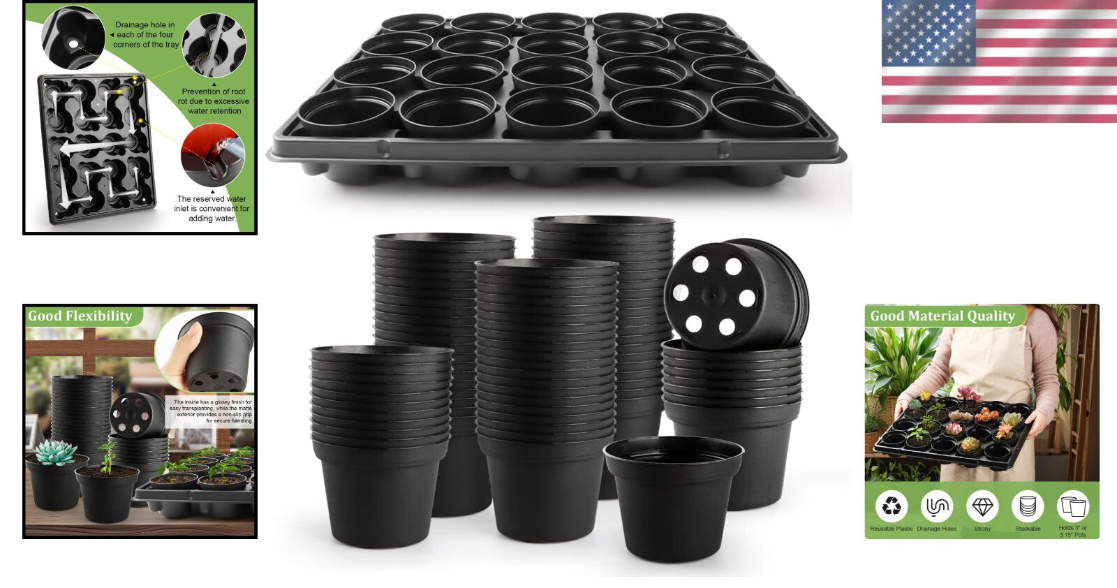100-Pack 3 Inch Plastic Pots with 5 Seed Starter Trays - Effective Planting Kit