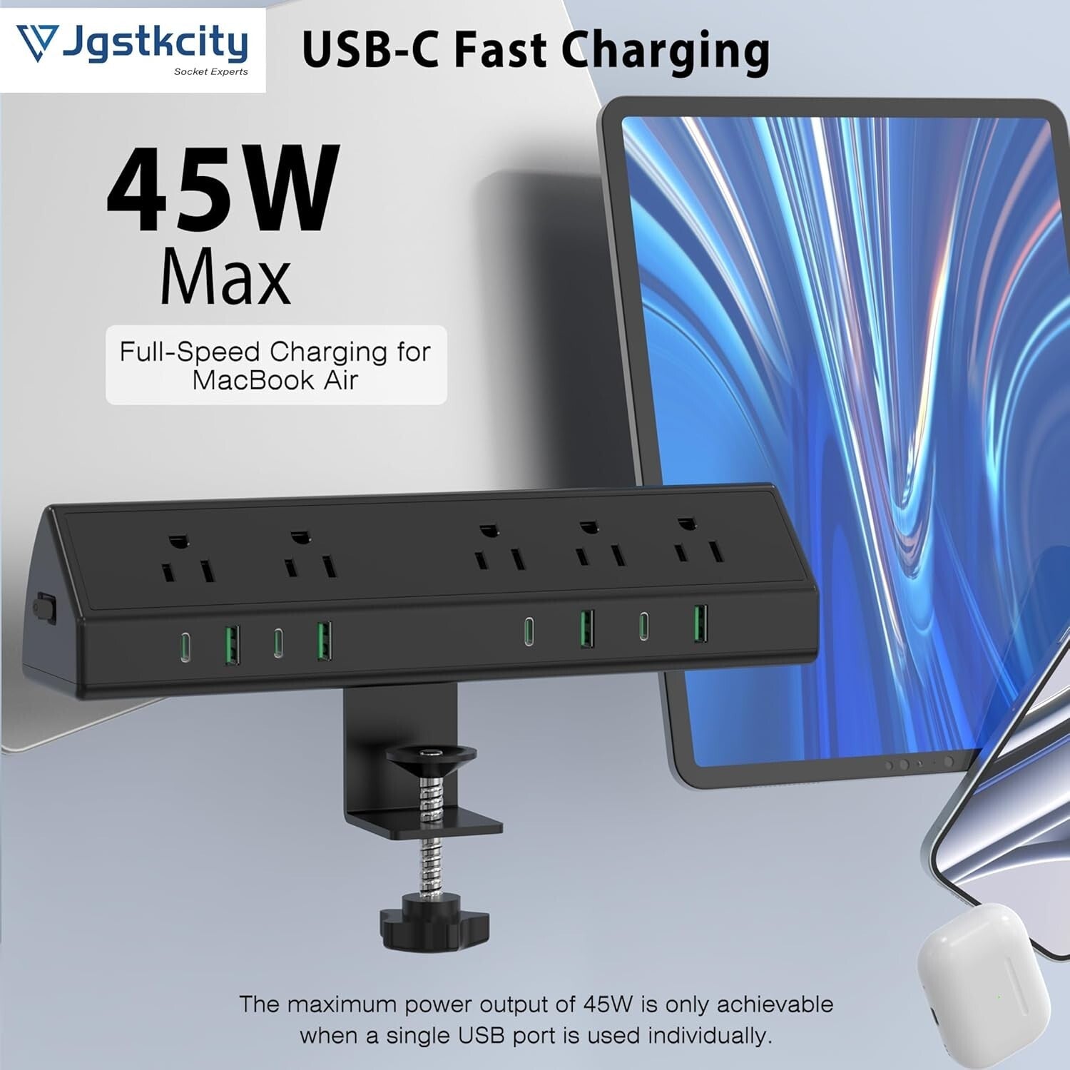 45W Desk Clamp Power Strip with 4 USB-C Ports and 5 Outlets – Surge Protection