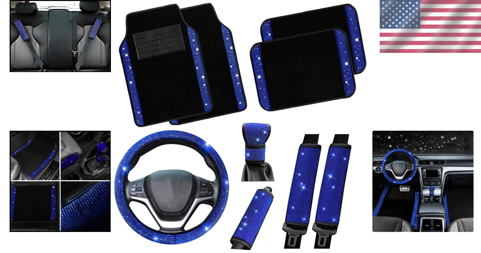 9-Piece Luxury Bling Car Accessory Set with Diamond Steering Wheel Cover