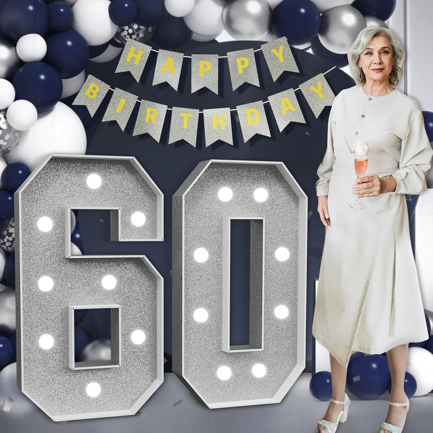 Elegant Large Silver Number 60 Decorations - Perfect for 60th Birthday Bash!