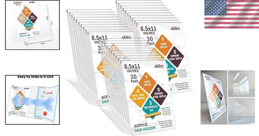 Durable 8.5 x 11 Acrylic Sign Holders - 30 Pack Clear Table Stands for Display
