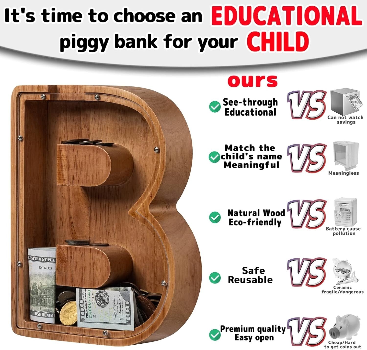 Elegant 12-Inch Kids Savings Bank - Custom Initial B Design for Boys and Girls