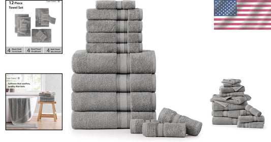 Elegant Space Grey 12-Piece Bath Towel Set - Luxurious 100% Cotton Collection