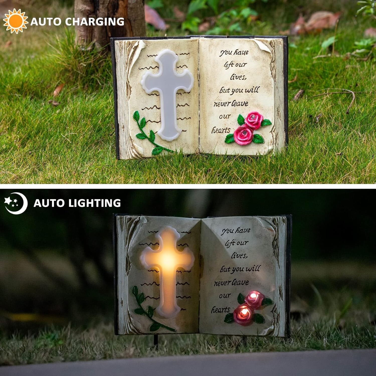Durable Resin Solar Bible Cross Stake Light for Garden & Grave Decoration