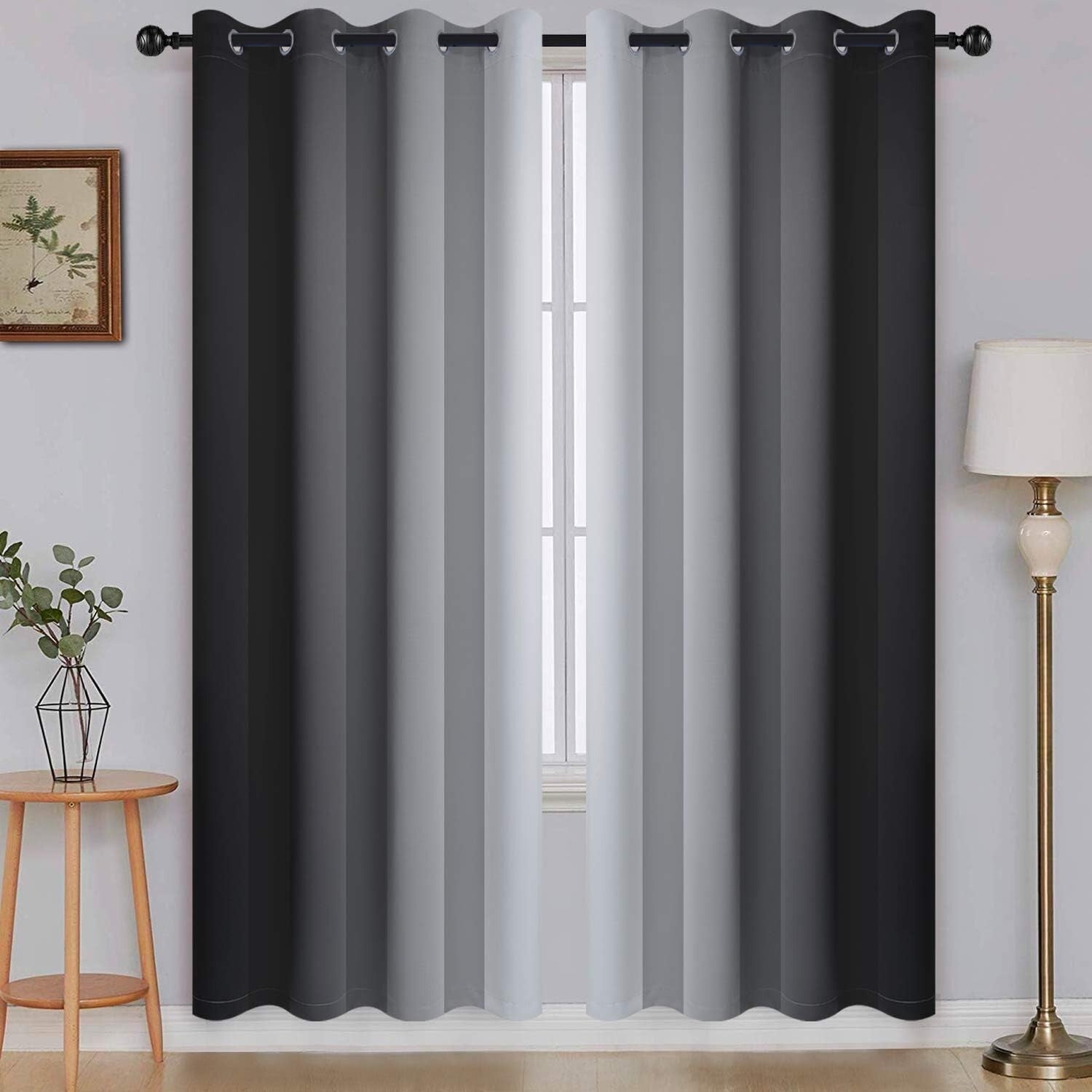Soft Gradient Black and Grey Grommet Curtains, 2 Panels 52x72 - Noise Reduction