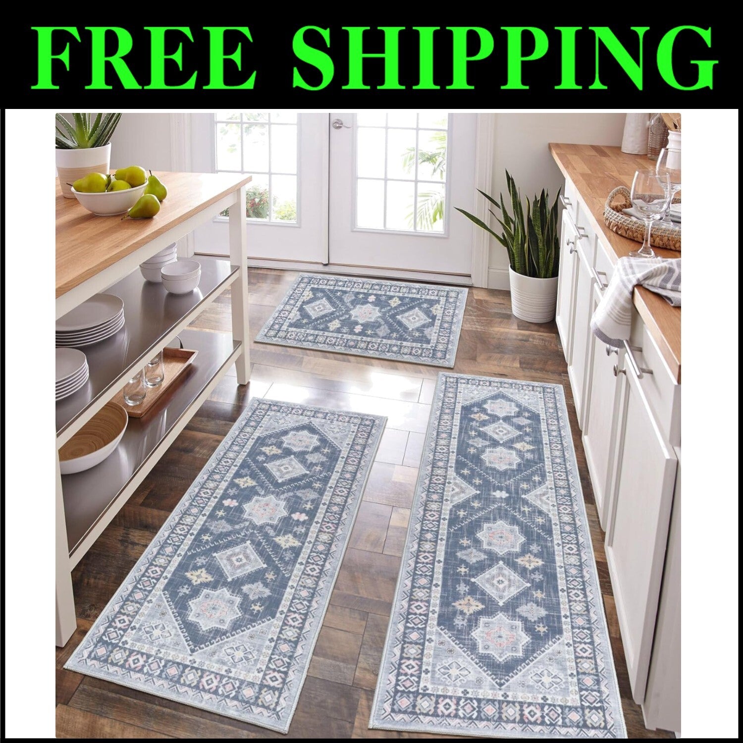Non-Slip Kitchen Runner & Mats Set - 3-Piece Floral Rugs for Indoor/Outdoor Use