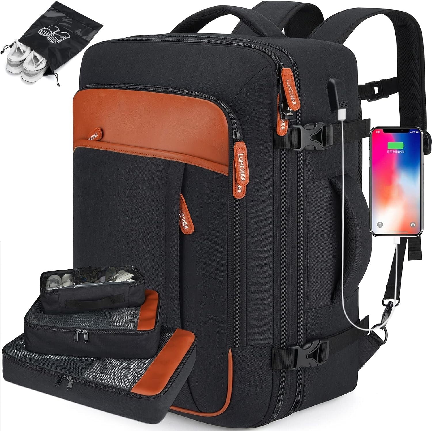 40L Extra Large Expandable Travel Backpack with 4 Packing Cubes & USB Port