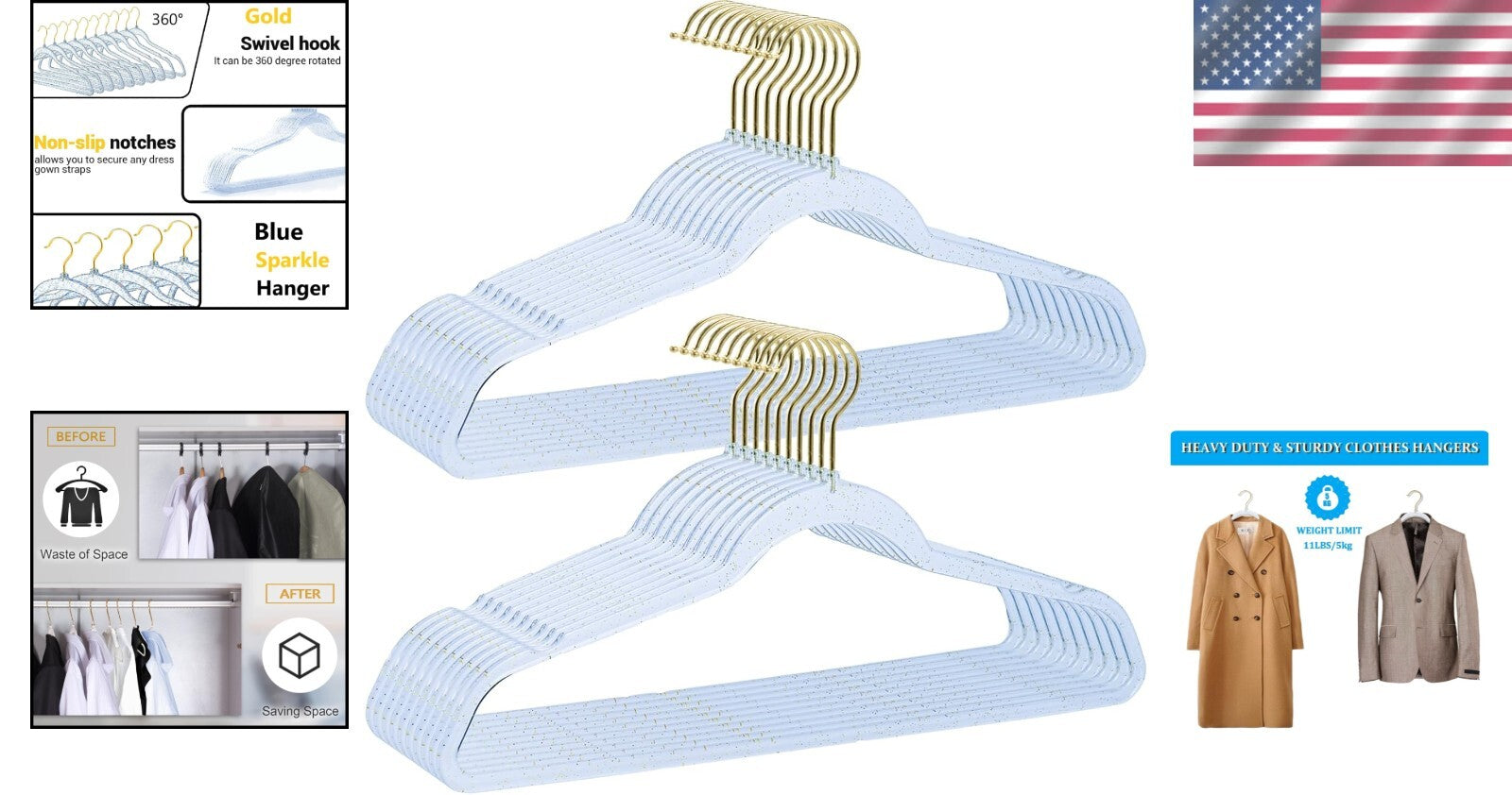 40 Pack Blue Glitter Hangers with Gold Swivel Hooks - Space Saving & Stylish