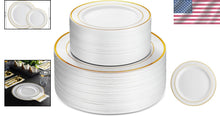 Load image into Gallery viewer, Sophisticated White Gold Trim Plastic Plates - Perfect for Weddings &amp; Parties