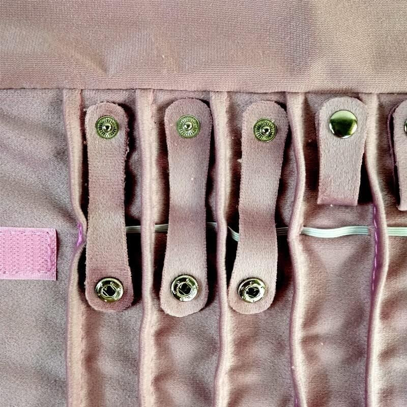 Elegant Portable Jewelry Roll in Embroidery Pink Velvet - 16 Holder Capacity